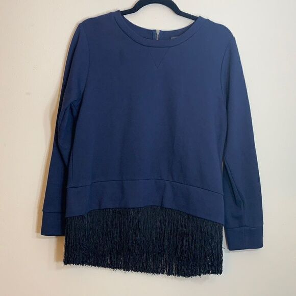 J Crew Womens Navy Pullover Size M Zip Back Bottom Fringe (g1) - Picture 1 of 8